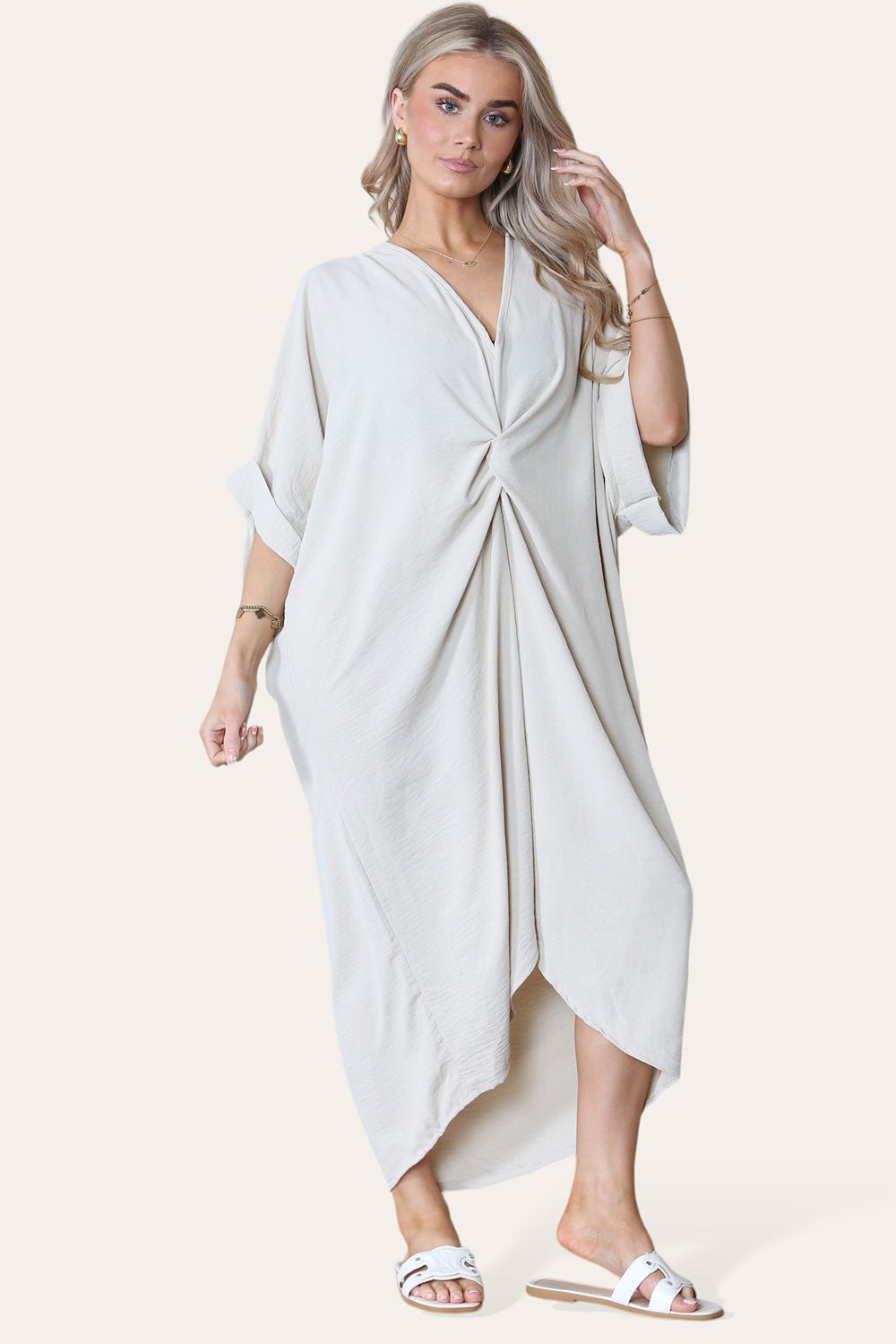 Womens V-Neck Tie Knotted Twisted Front Oversized Longline Midi Dress - MultiTrends Limited