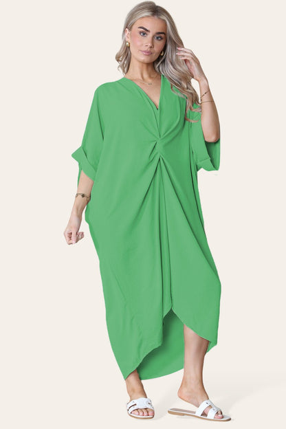 Womens V-Neck Tie Knotted Twisted Front Oversized Longline Midi Dress - MultiTrends Limited