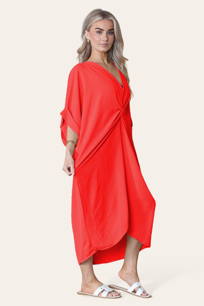 Womens V-Neck Tie Knotted Twisted Front Oversized Longline Midi Dress - MultiTrends Limited