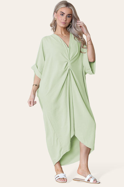 Womens V-Neck Tie Knotted Twisted Front Oversized Longline Midi Dress - MultiTrends Limited
