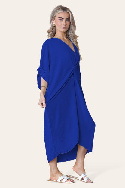 Womens V-Neck Tie Knotted Twisted Front Oversized Longline Midi Dress - MultiTrends Limited