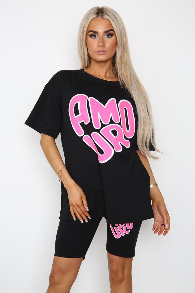 Amour Side Slit Cycling Short and T-Shirts Co-Ord Two Piece Set with Front Amour Slogan - Multi Trends