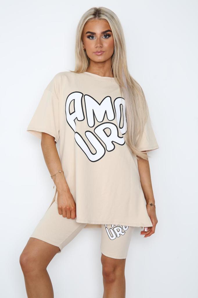 Amour Side Slit Cycling Short and T-Shirts Co-Ord Two Piece Set with Front Amour Slogan - Multi Trends