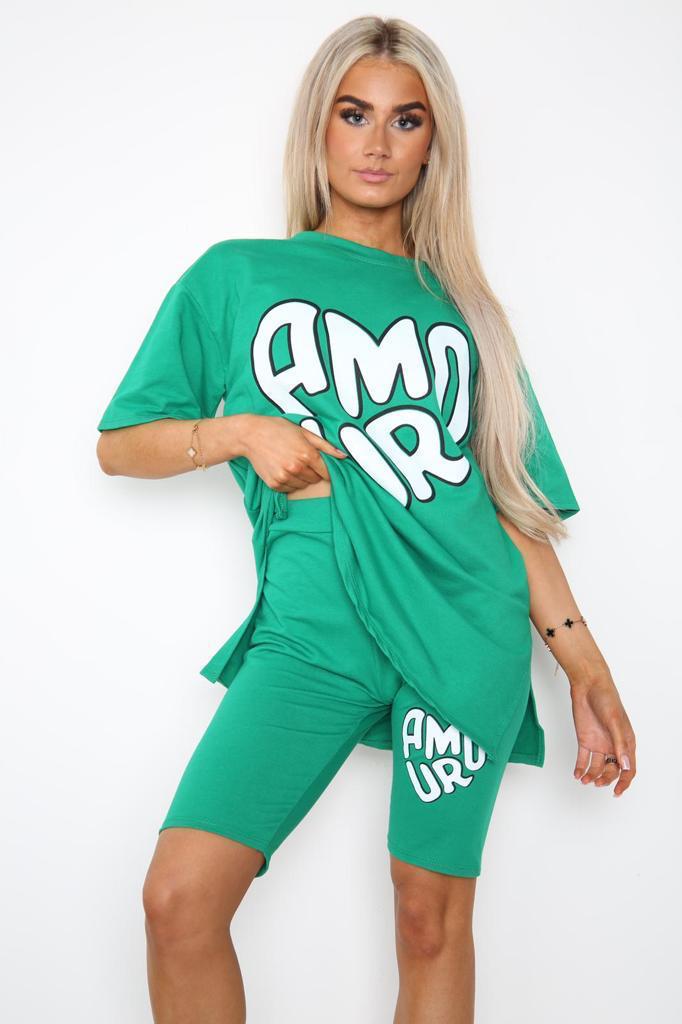 Amour Side Slit Cycling Short and T-Shirts Co-Ord Two Piece Set with Front Amour Slogan - Multi Trends