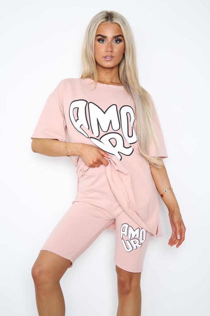 Amour Side Slit Cycling Short and T-Shirts Co-Ord Two Piece Set with Front Amour Slogan - Multi Trends