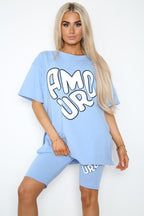 Amour Side Slit Cycling Short and T-Shirts Co-Ord Two Piece Set with Front Amour Slogan - Multi Trends