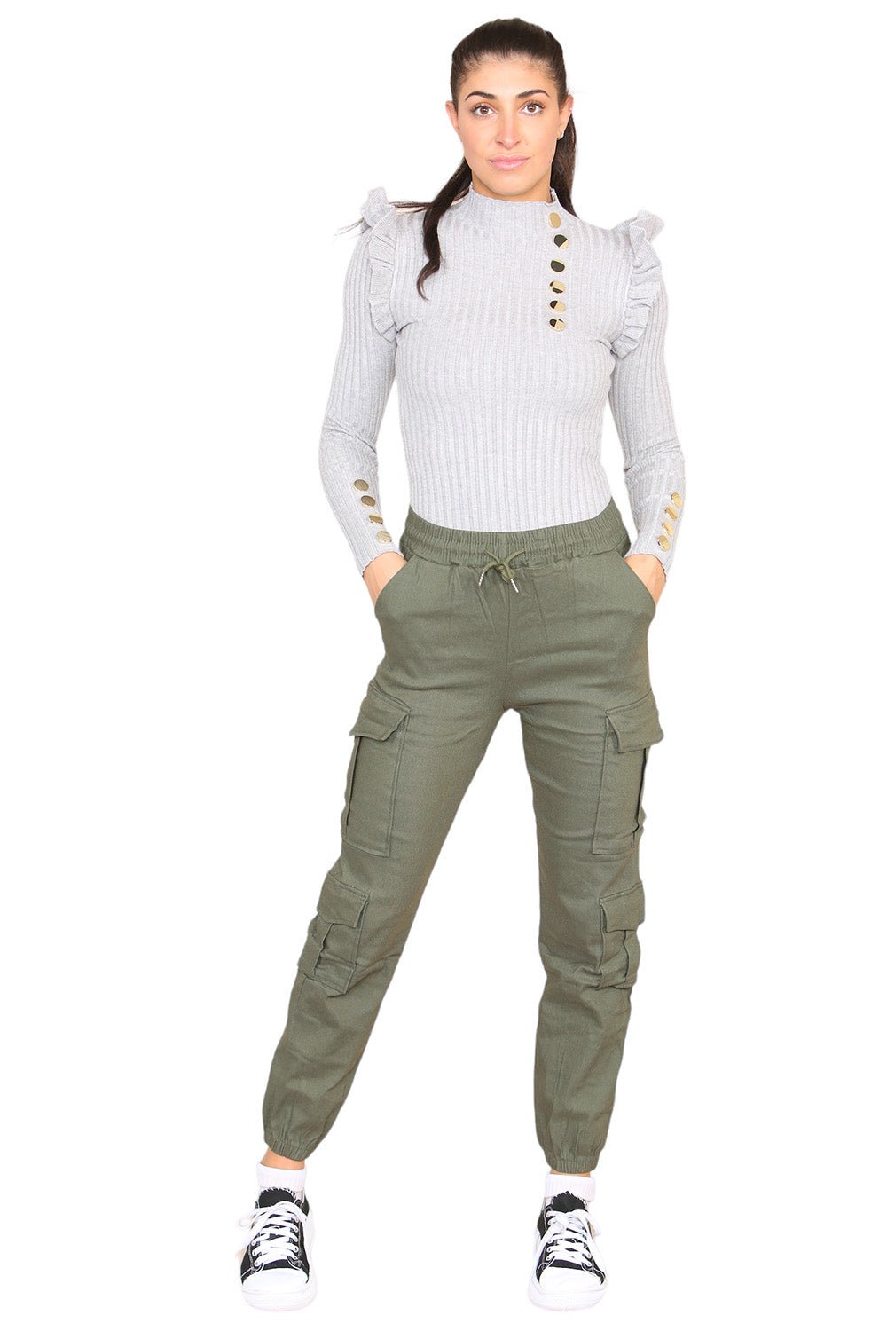 Cargo Pockets Pants Women High Waist Cropped Slim Fit Trouser - Multi Trends