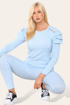 Frilled Sleeves Set Shoulder Golden Button Lounge Wear Suit