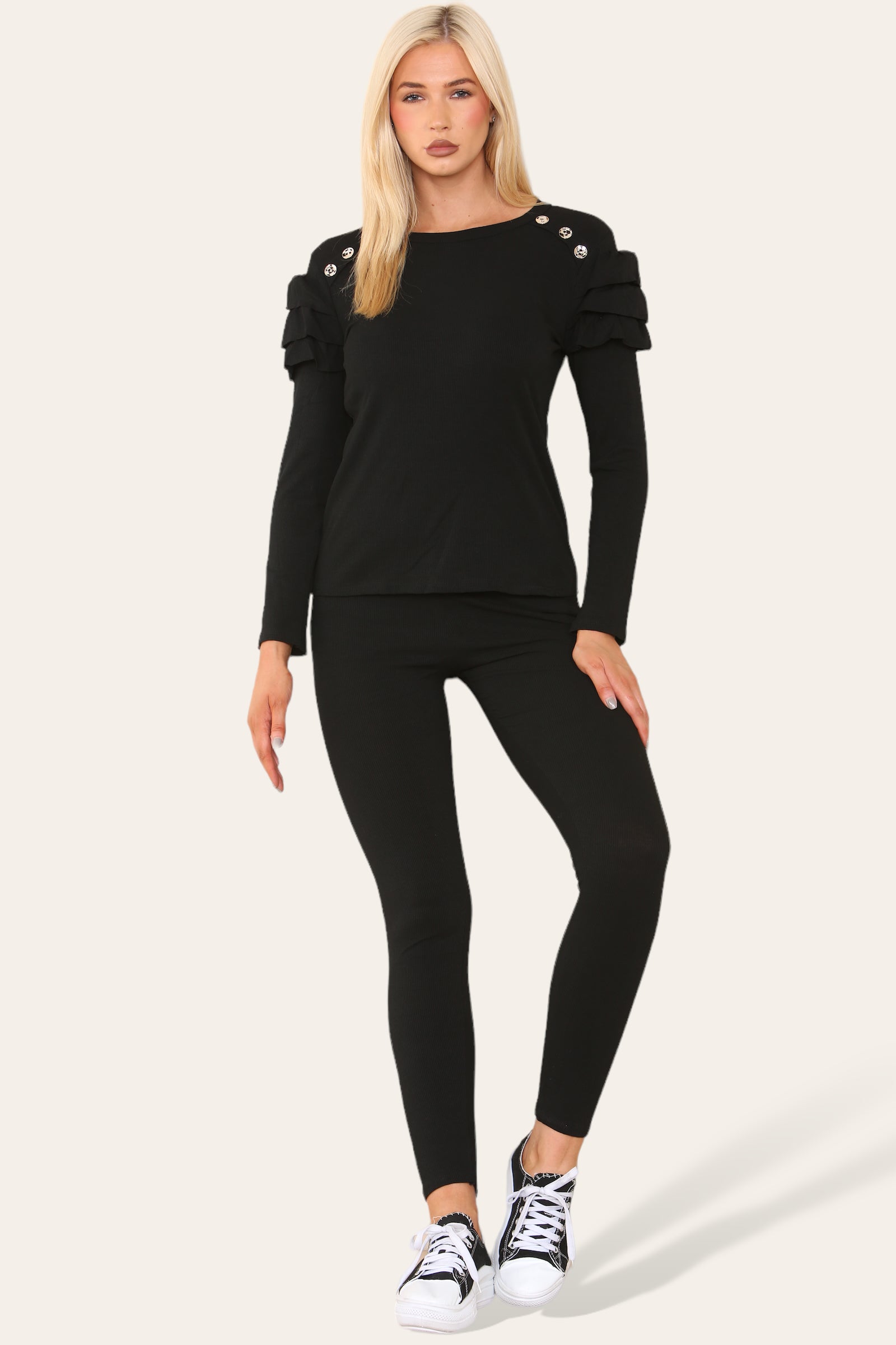 Frilled Sleeves Set Shoulder Golden Button Lounge Wear Suit