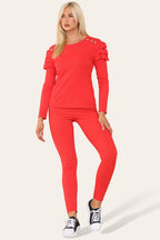 Frilled Sleeves Set Shoulder Golden Button Lounge Wear Suit