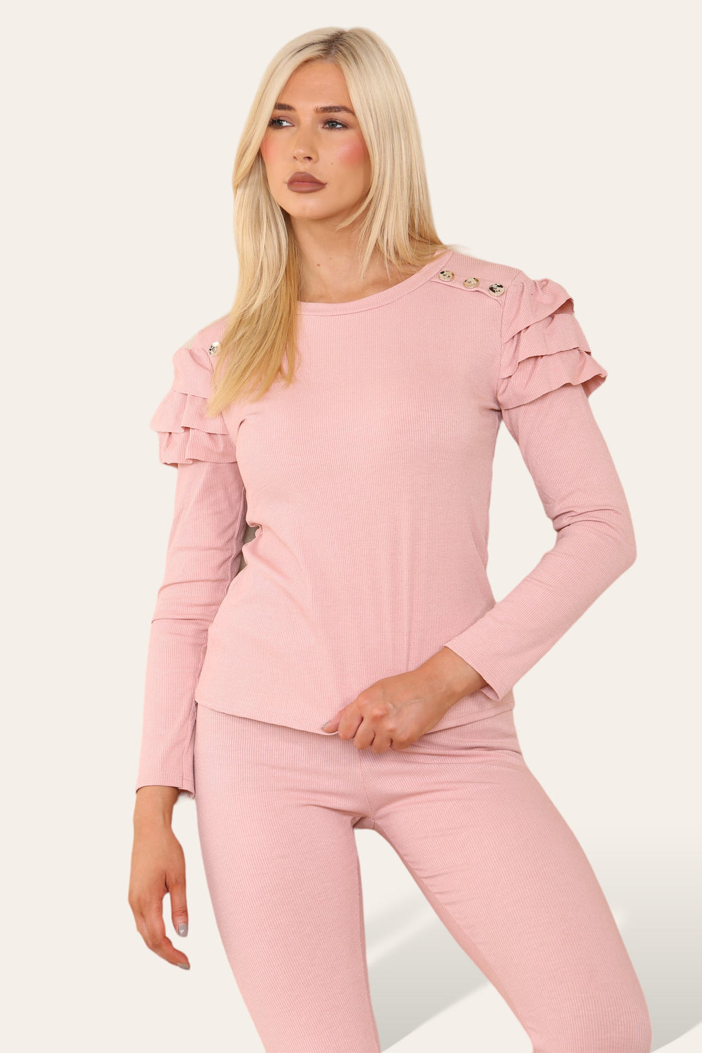 Frilled Sleeves Set Shoulder Golden Button Lounge Wear Suit