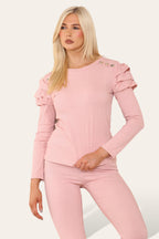 Frilled Sleeves Set Shoulder Golden Button Lounge Wear Suit