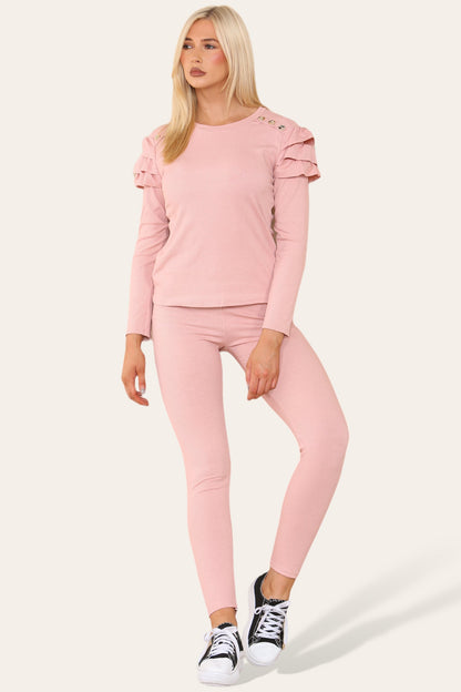 Frilled Sleeves Set Shoulder Golden Button Lounge Wear Suit