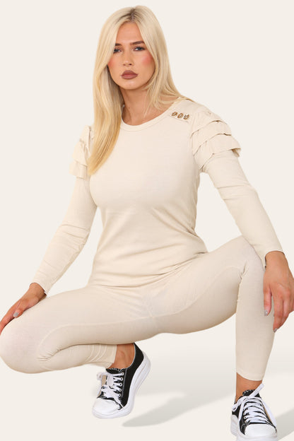 Frilled Sleeves Set Shoulder Golden Button Lounge Wear Suit