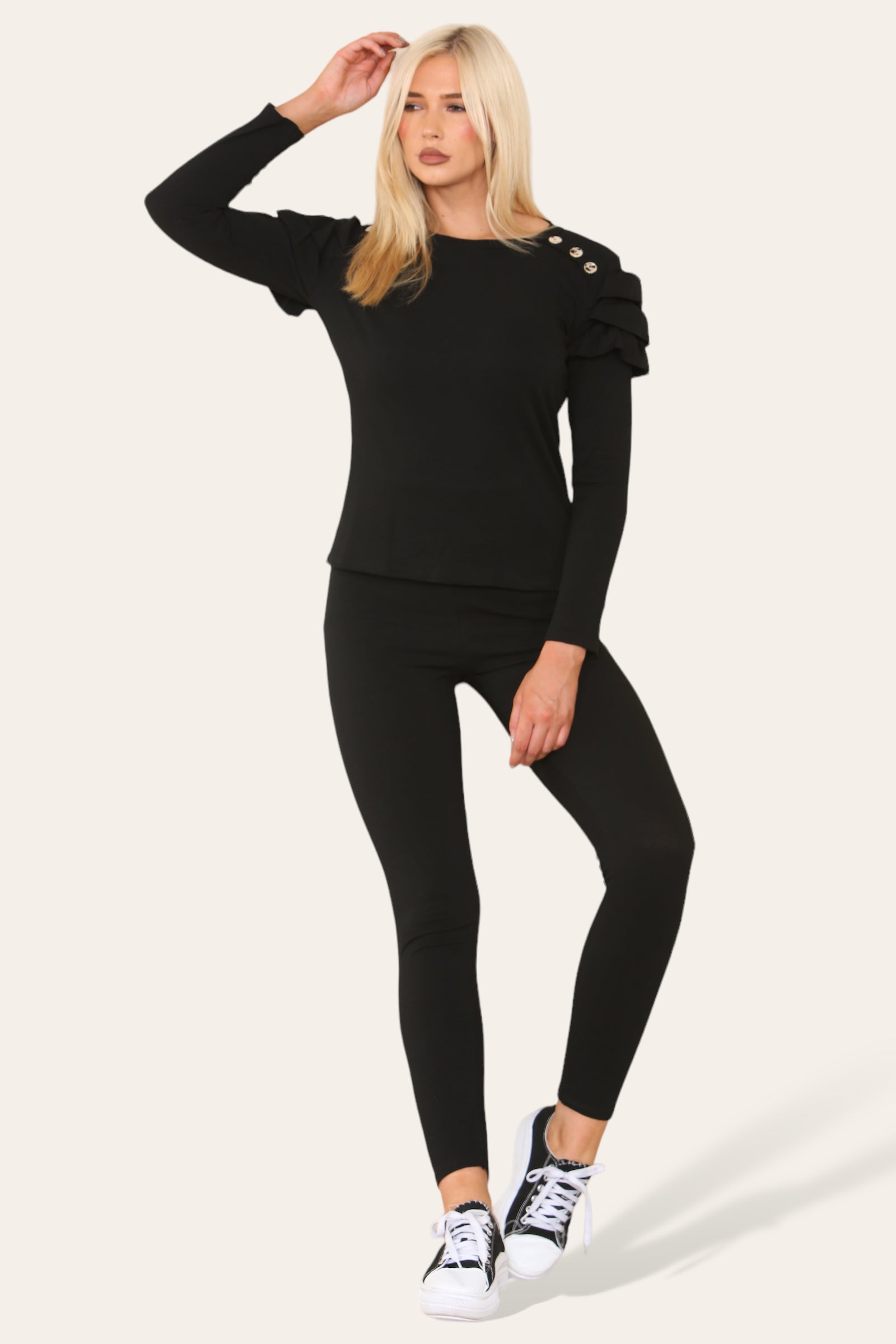 Frilled Sleeves Set Shoulder Golden Button Lounge Wear Suit