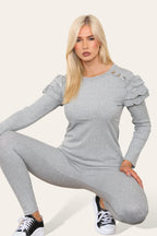 Frilled Sleeves Set Shoulder Golden Button Lounge Wear Suit