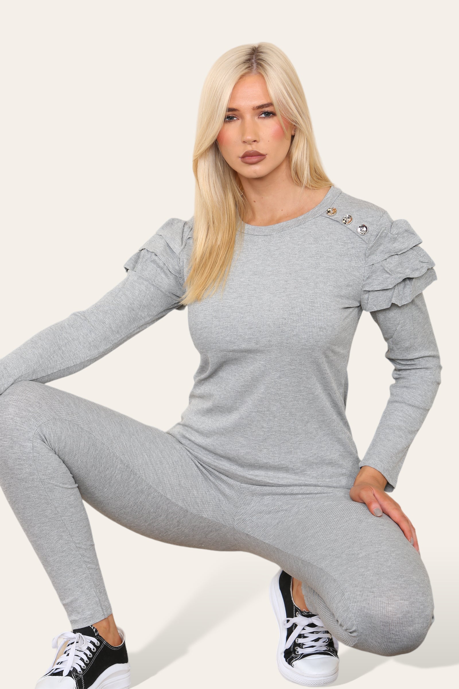 Frilled Sleeves Set Shoulder Golden Button Lounge Wear Suit