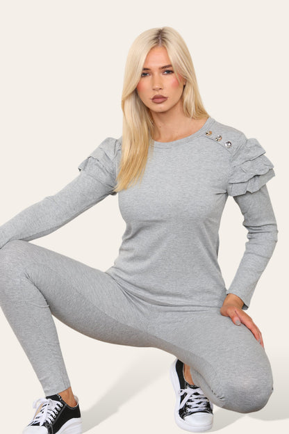 Frilled Sleeves Set Shoulder Golden Button Lounge Wear Suit