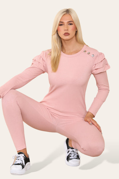 Frilled Sleeves Set Shoulder Golden Button Lounge Wear Suit