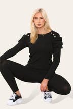 Frilled Sleeves Set Shoulder Golden Button Lounge Wear Suit