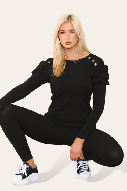 Frilled Sleeves Set Shoulder Golden Button Lounge Wear Suit