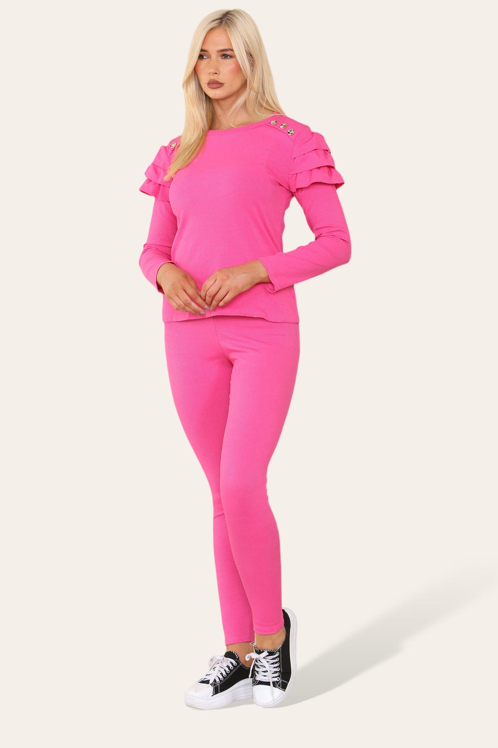 Frilled Sleeves Set Shoulder Golden Button Lounge Wear Suit