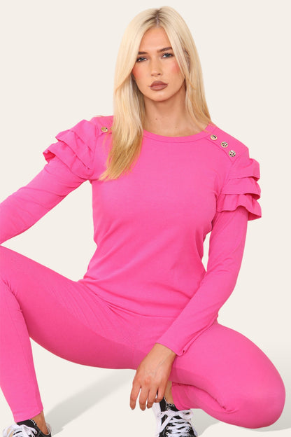 Frilled Sleeves Set Shoulder Golden Button Lounge Wear Suit