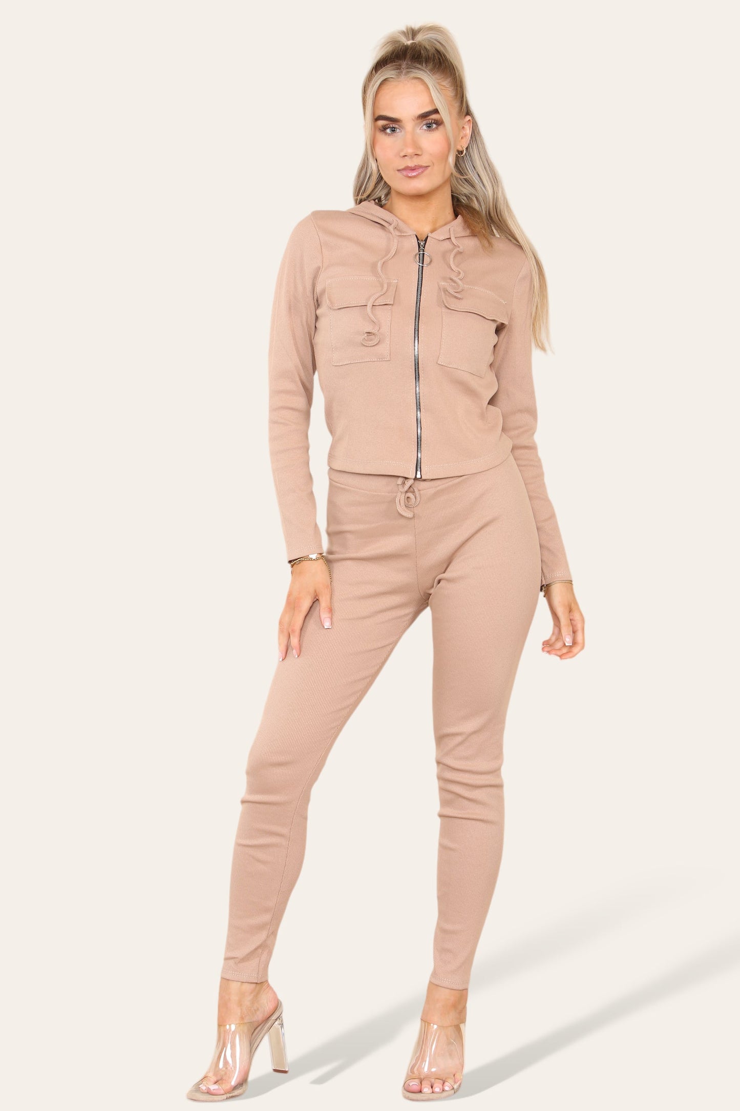 Front Pocket Zip Suit Ribbed Hooded Lounge Wear Set - Multi Trends