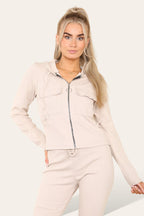 Front Pocket Zip Suit Ribbed Hooded Lounge Wear Set - Multi Trends