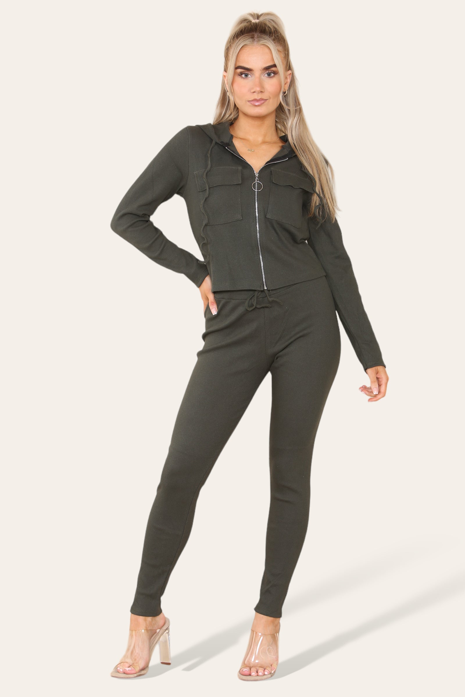 Front Pocket Zip Suit Ribbed Hooded Lounge Wear Set - Multi Trends