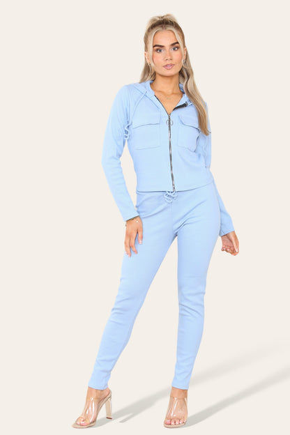 Front Pocket Zip Suit Ribbed Hooded Lounge Wear Set - Multi Trends