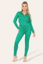 Front Pocket Zip Suit Ribbed Hooded Lounge Wear Set - Multi Trends