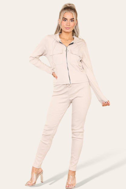 Front Pocket Zip Suit Ribbed Hooded Lounge Wear Set - Multi Trends