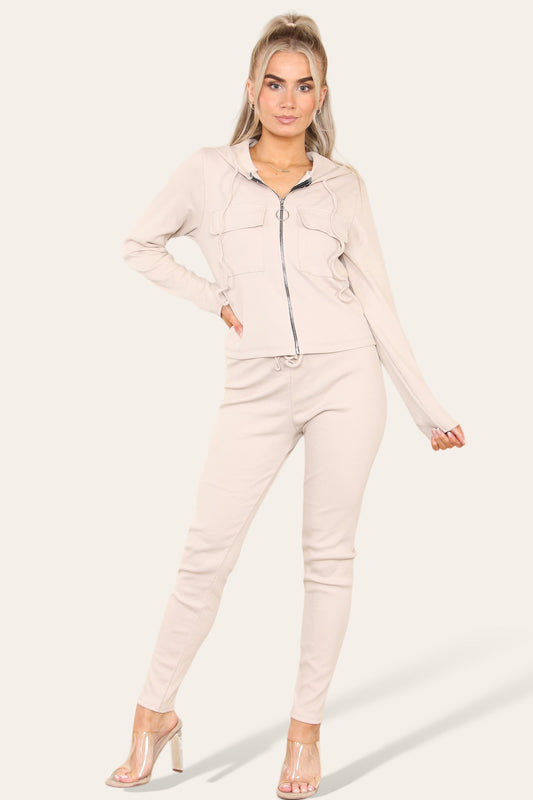 Front Pocket Zip Suit Ribbed Hooded Lounge Wear Set - Multi Trends