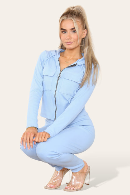 Front Pocket Zip Suit Ribbed Hooded Lounge Wear Set - Multi Trends