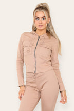 Front Pocket Zip Suit Ribbed Hooded Lounge Wear Set - Multi Trends