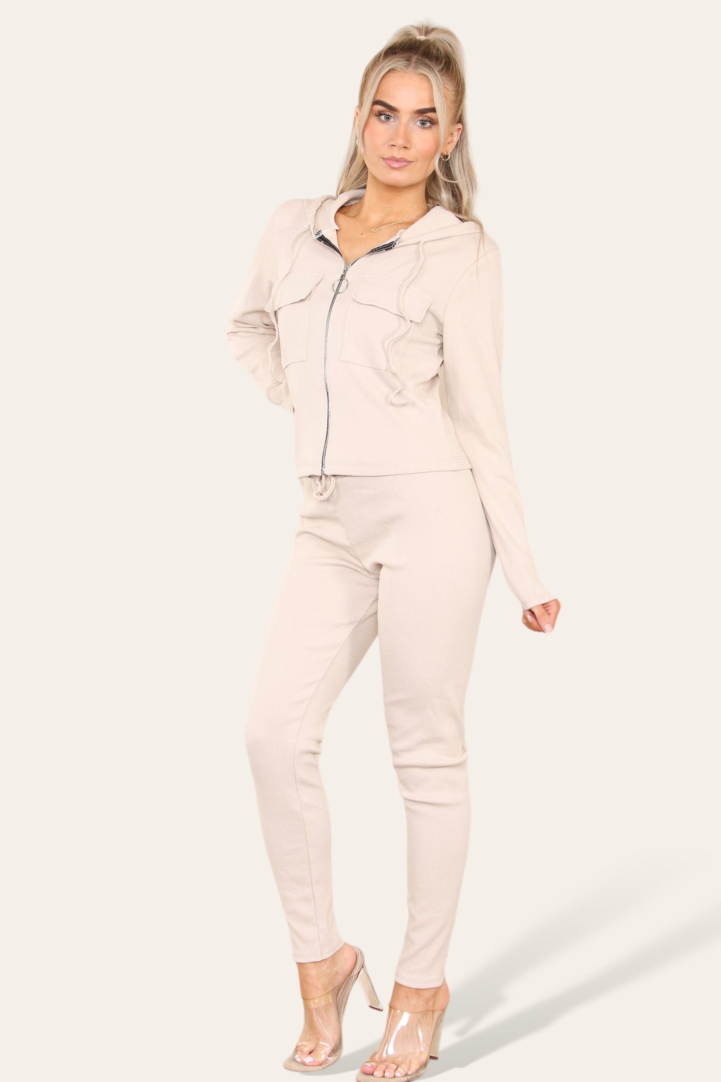 Front Pocket Zip Suit Ribbed Hooded Lounge Wear Set - Multi Trends