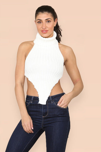 High Neck Roll Knitted Backless Front Cropped Top - Multi Trends