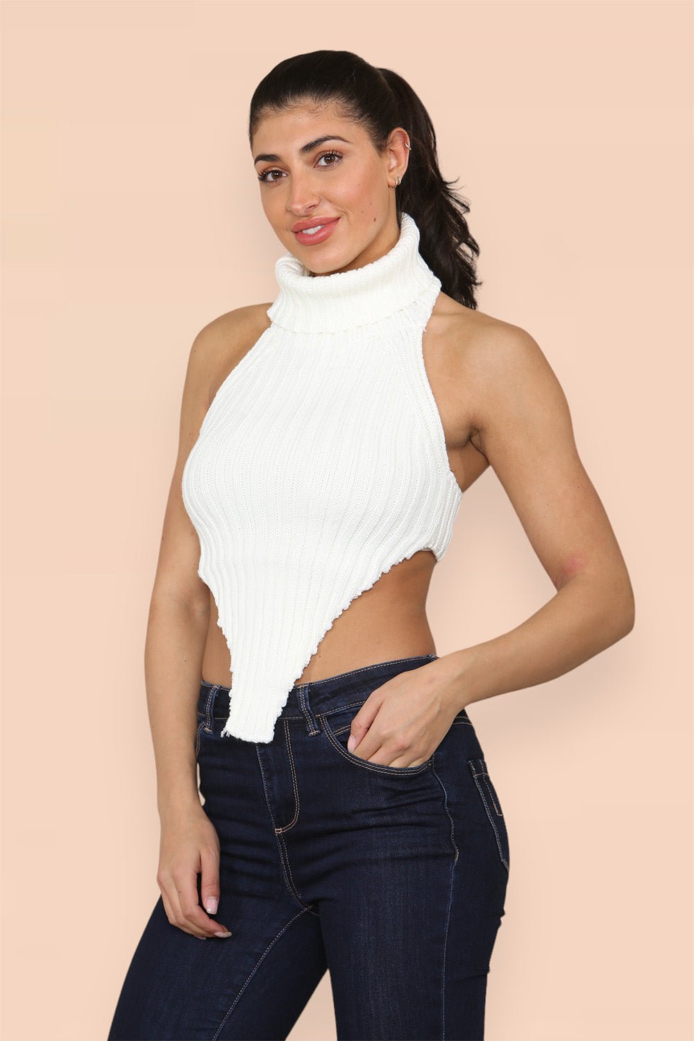 High Neck Roll Knitted Backless Front Cropped Top - Multi Trends