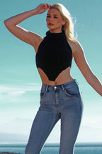 High Neck Roll Knitted Backless Front Cropped Top - Multi Trends