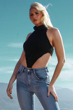 High Neck Roll Knitted Backless Front Cropped Top - Multi Trends