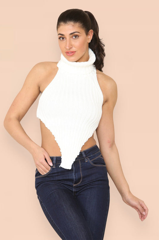 High Neck Roll Knitted Backless Front Cropped Top - Multi Trends