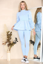 Long Ruched Sleeves Ribbed Peplum Diamond Buttons Frilled Hem Lounge Wear Co-Ord Set - Multi Trends