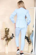 Long Ruched Sleeves Ribbed Peplum Diamond Buttons Frilled Hem Lounge Wear Co-Ord Set - Multi Trends