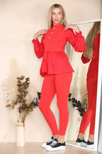 Long Ruched Sleeves Ribbed Peplum Diamond Buttons Frilled Hem Lounge Wear Co-Ord Set - Multi Trends