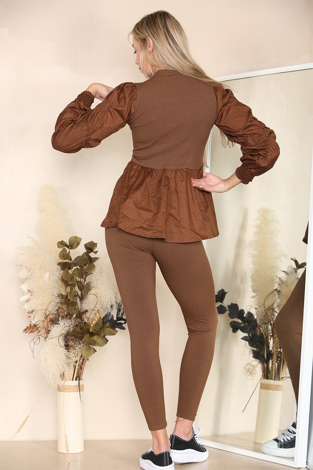Long Ruched Sleeves Ribbed Peplum Diamond Buttons Frilled Hem Lounge Wear Co-Ord Set - Multi Trends