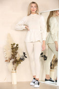 Long Ruched Sleeves Ribbed Peplum Diamond Buttons Frilled Hem Lounge Wear Co-Ord Set - Multi Trends