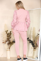 Long Ruched Sleeves Ribbed Peplum Diamond Buttons Frilled Hem Lounge Wear Co-Ord Set - Multi Trends