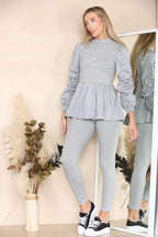 Long Ruched Sleeves Ribbed Peplum Diamond Buttons Frilled Hem Lounge Wear Co-Ord Set - Multi Trends