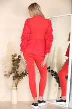 Long Ruched Sleeves Ribbed Peplum Diamond Buttons Frilled Hem Lounge Wear Co-Ord Set - Multi Trends